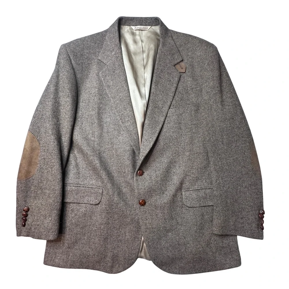 Vintage Stafford Blazer Mens 46R Brown Herringbone Wool‎ Lambswool Elbow Patch